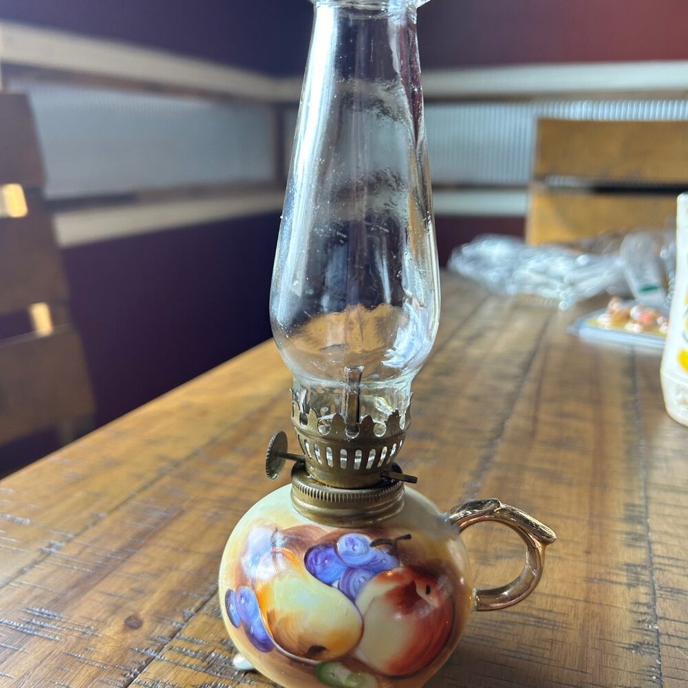 Vintage Enesco Footed miniature oil lamp  porcelain handpainted model E3317 frui